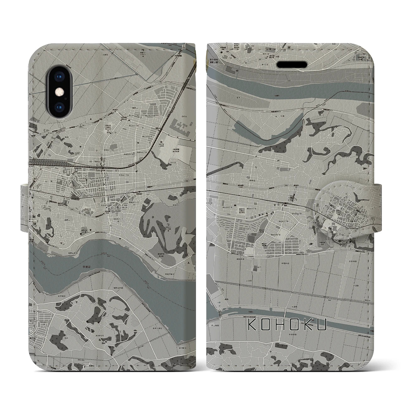 【湖北(千葉県)】地図柄iPhoneケース(手帳タイプ)モノトーン・iPhone XS / X 用
