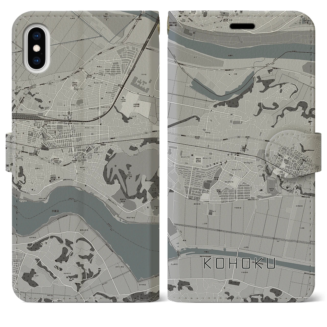 【湖北(千葉県)】地図柄iPhoneケース(手帳タイプ)モノトーン・iPhone XS Max 用