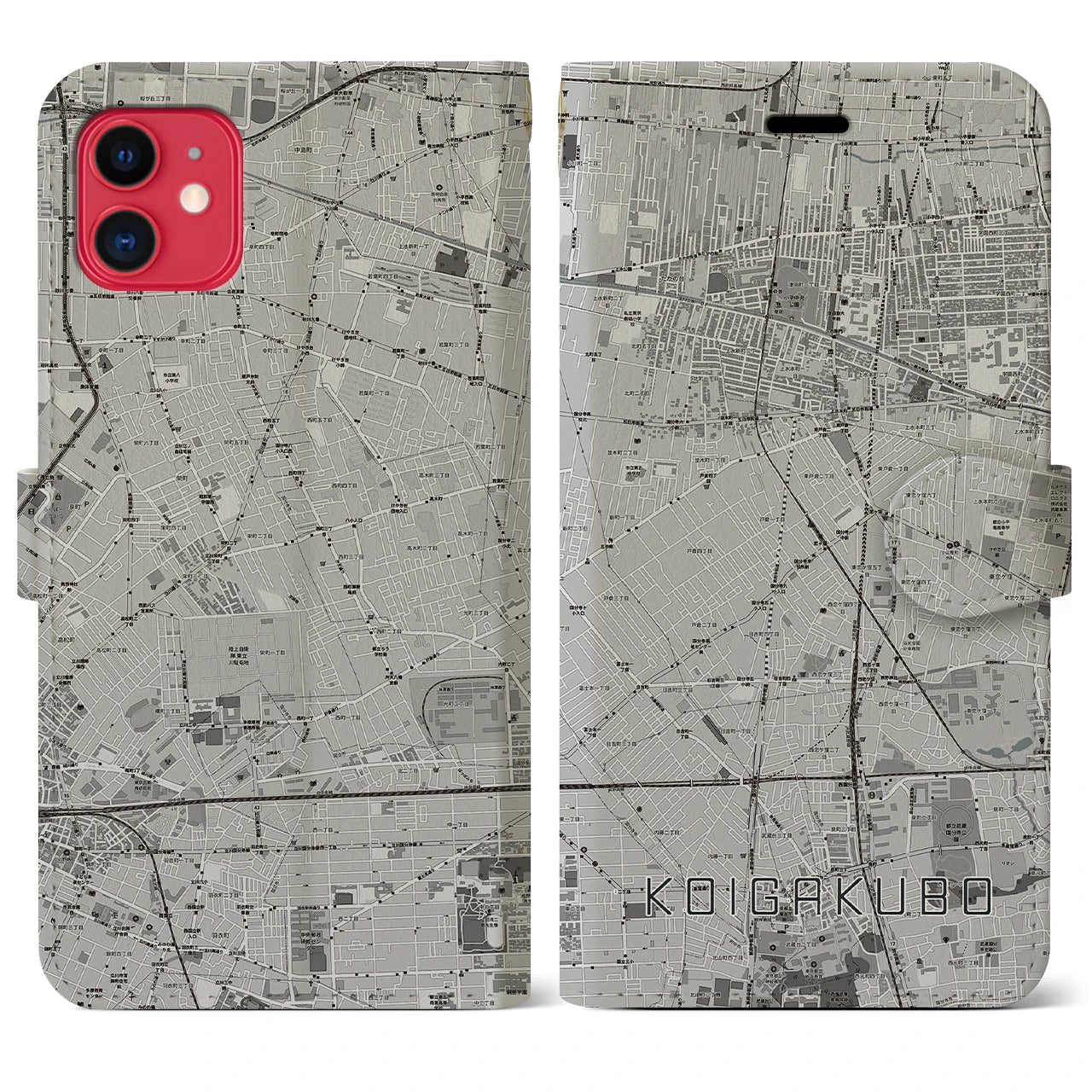 【恋ヶ窪(東京都)】地図柄iPhoneケース(手帳タイプ)モノトーン・iPhone 11 用