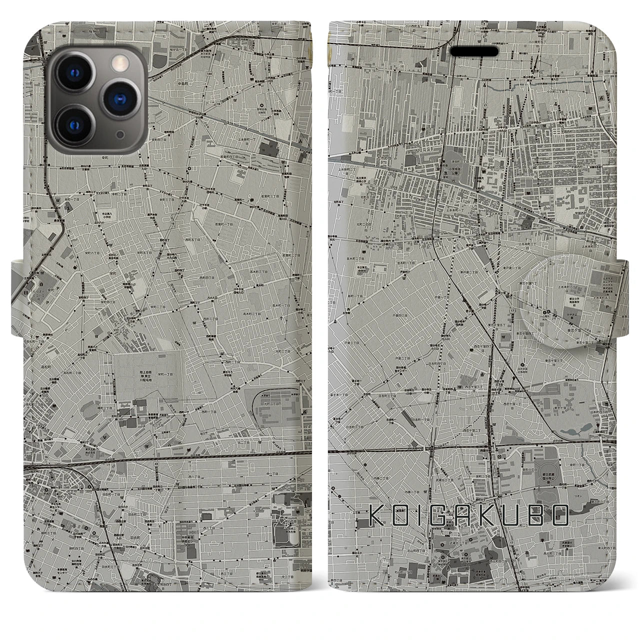 【恋ヶ窪(東京都)】地図柄iPhoneケース(手帳タイプ)モノトーン・iPhone 11 Pro Max 用