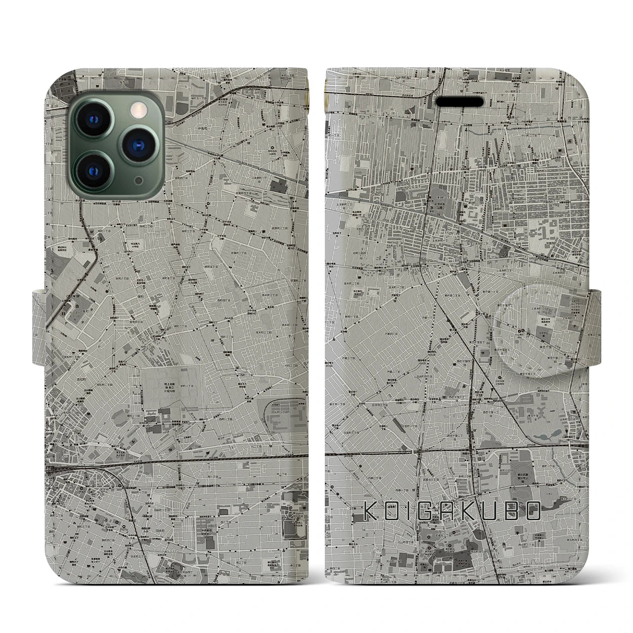 【恋ヶ窪(東京都)】地図柄iPhoneケース(手帳タイプ)モノトーン・iPhone 11 Pro 用