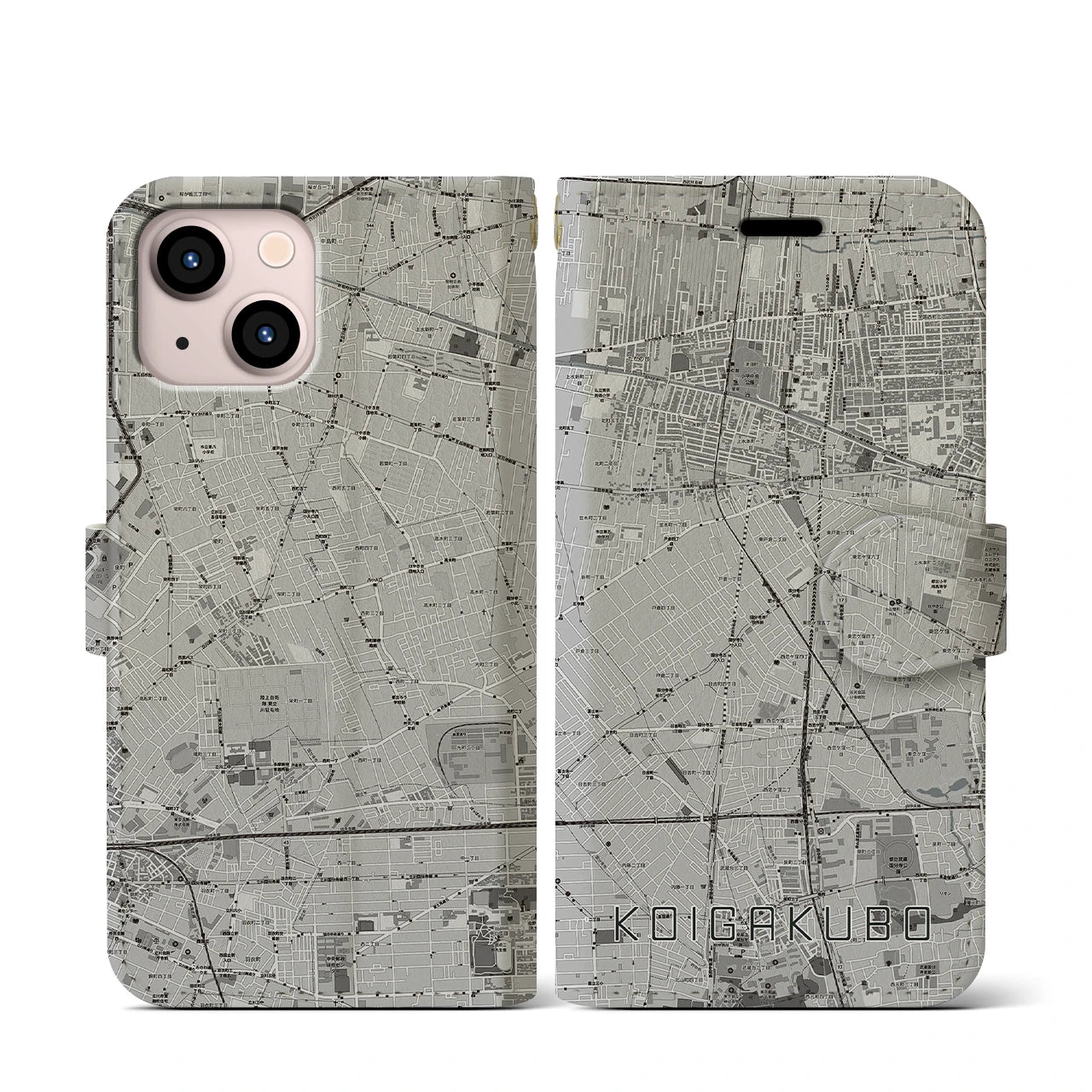 【恋ヶ窪(東京都)】地図柄iPhoneケース(手帳タイプ)モノトーン・iPhone 13 mini 用