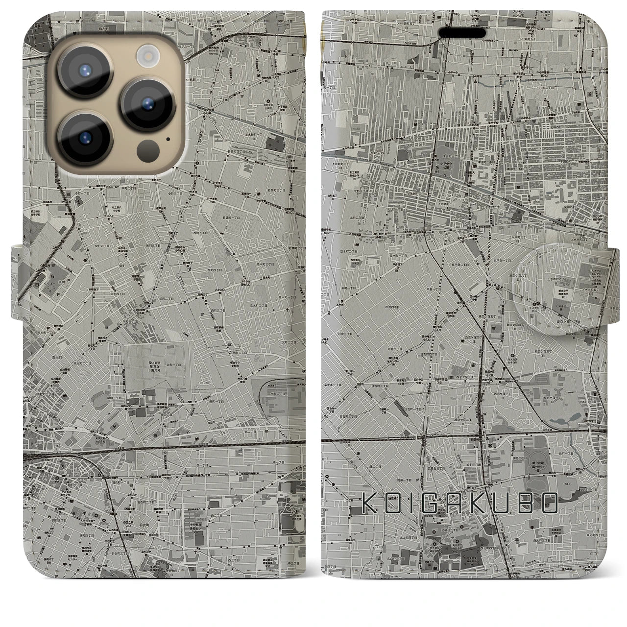 【恋ヶ窪(東京都)】地図柄iPhoneケース(手帳タイプ)モノトーン・iPhone 14 Pro Max 用