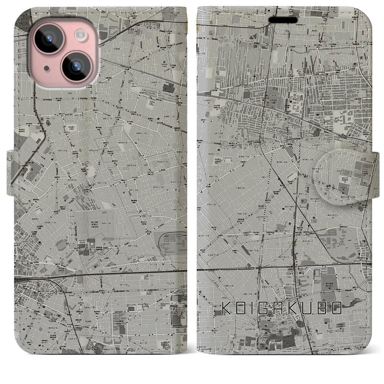 【恋ヶ窪(東京都)】地図柄iPhoneケース(手帳タイプ)モノトーン・iPhone 15 Plus 用