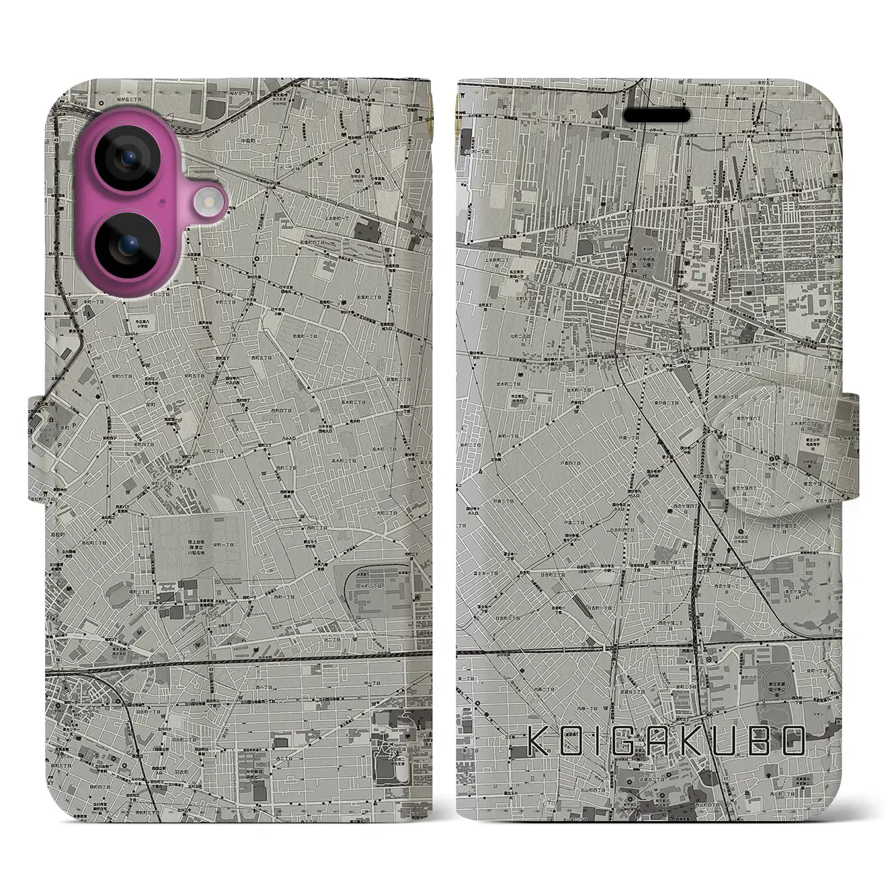 【恋ヶ窪(東京都)】地図柄iPhoneケース(手帳タイプ)モノトーン・iPhone 16 Pro 用