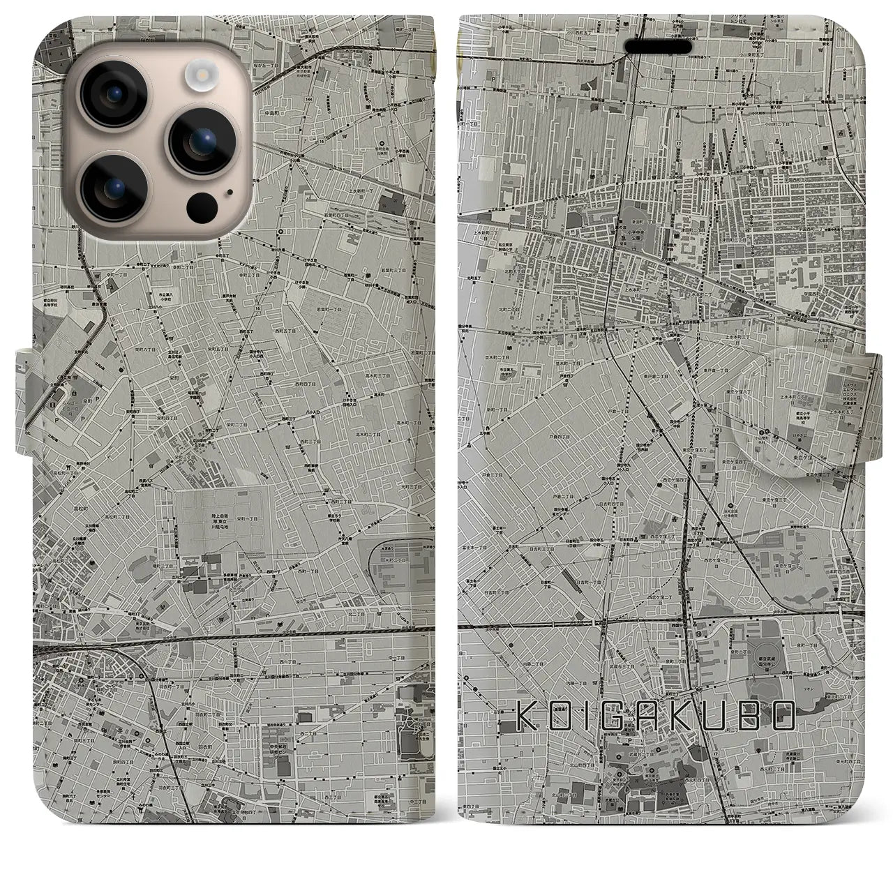 【恋ヶ窪(東京都)】地図柄iPhoneケース(手帳タイプ)モノトーン・iPhone 16 Plus 用