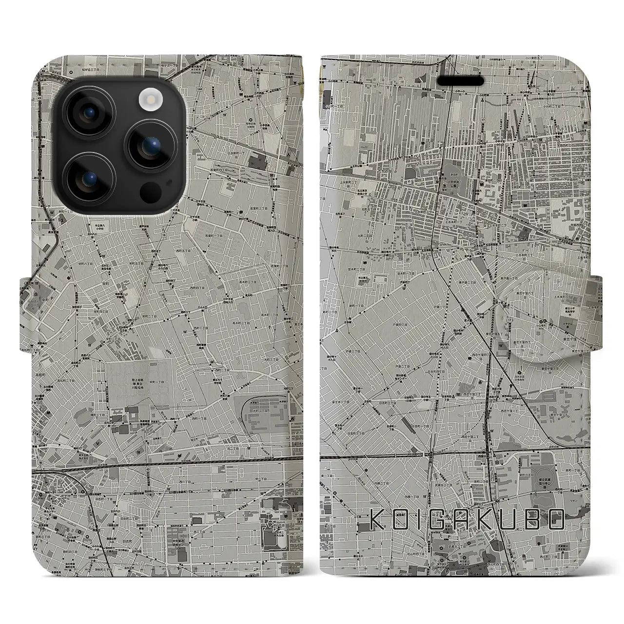 【恋ヶ窪(東京都)】地図柄iPhoneケース(手帳タイプ)モノトーン・iPhone 16 用