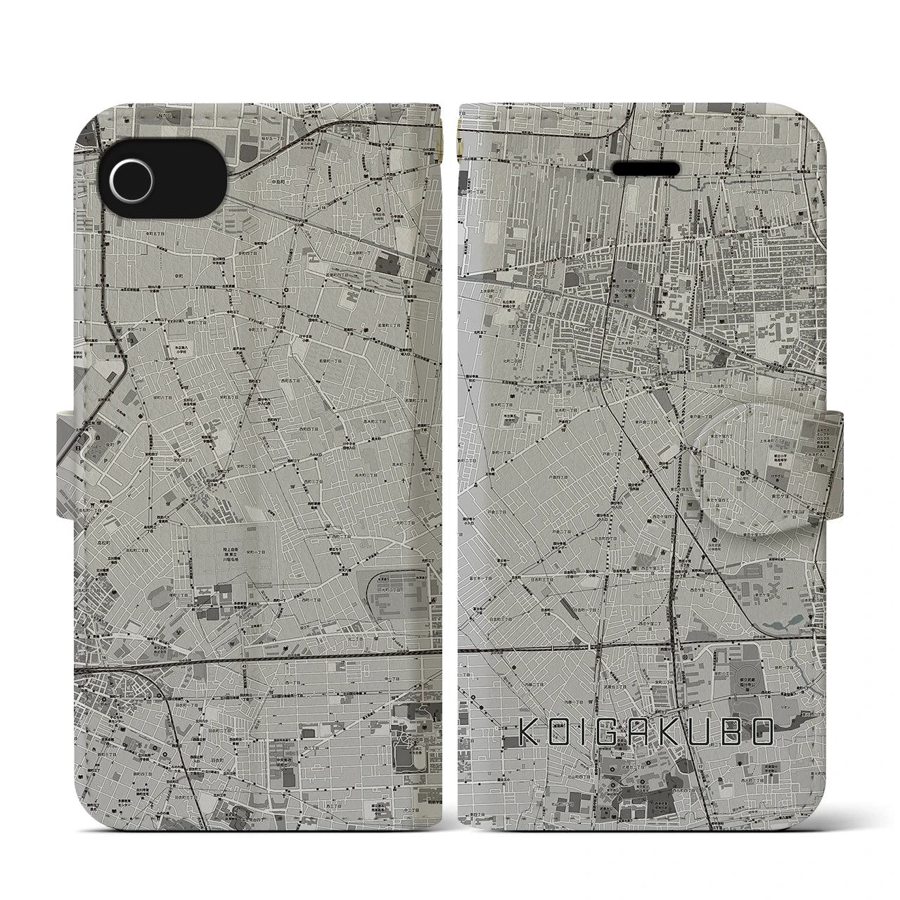 【恋ヶ窪(東京都)】地図柄iPhoneケース(手帳タイプ)モノトーン・iPhone SE(第3 / 第2世代) / 8 / 7 / 6s / 6 用