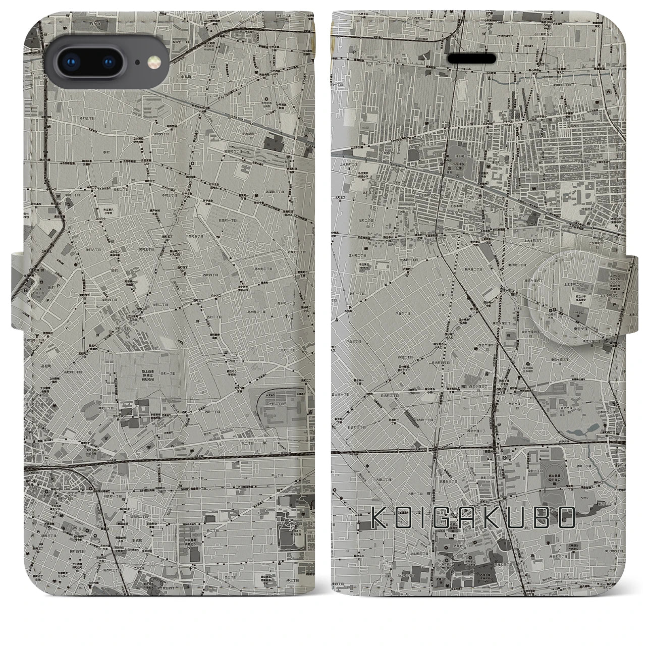 【恋ヶ窪(東京都)】地図柄iPhoneケース(手帳タイプ)モノトーン・iPhone 8Plus /7Plus / 6sPlus / 6Plus 用