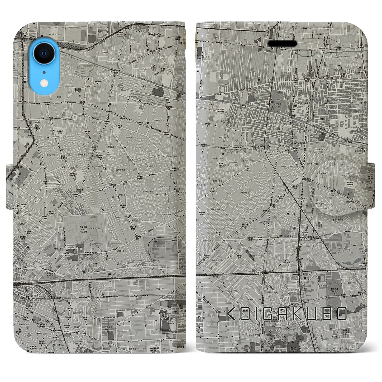 【恋ヶ窪(東京都)】地図柄iPhoneケース(手帳タイプ)モノトーン・iPhone XR 用