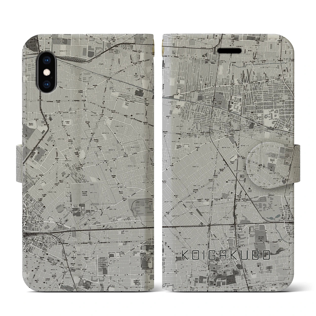 【恋ヶ窪(東京都)】地図柄iPhoneケース(手帳タイプ)モノトーン・iPhone XS / X 用