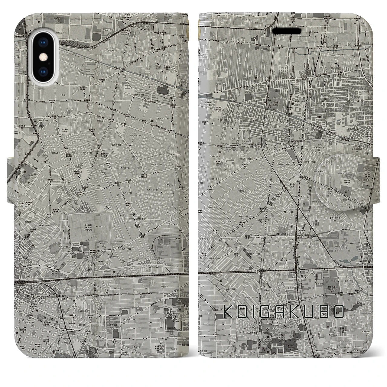 【恋ヶ窪(東京都)】地図柄iPhoneケース(手帳タイプ)モノトーン・iPhone XS Max 用