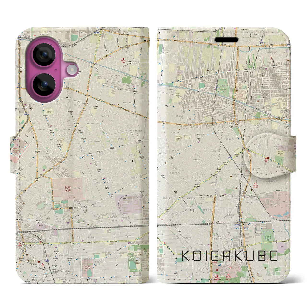 【恋ヶ窪(東京都)】地図柄iPhoneケース(手帳タイプ)ナチュラル・iPhone 16 Pro 用