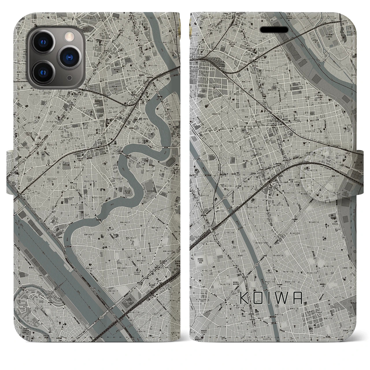 【小岩(東京都)】地図柄iPhoneケース(手帳タイプ)モノトーン・iPhone 11 Pro Max 用
