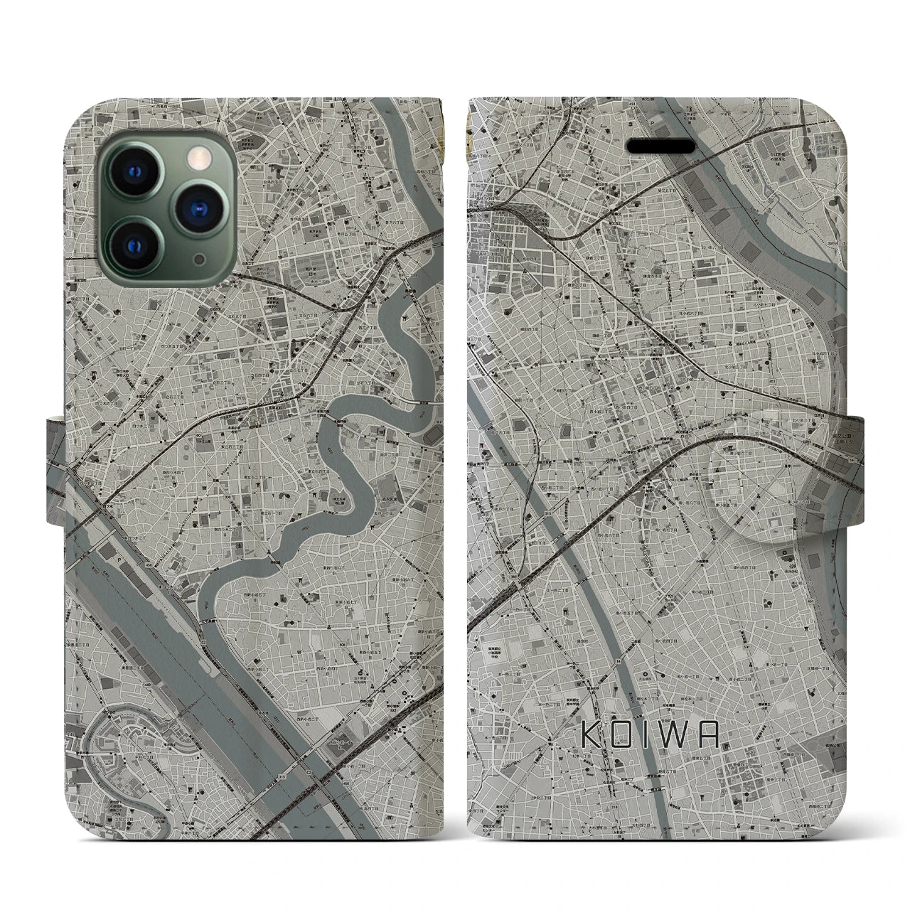 【小岩(東京都)】地図柄iPhoneケース(手帳タイプ)モノトーン・iPhone 11 Pro 用