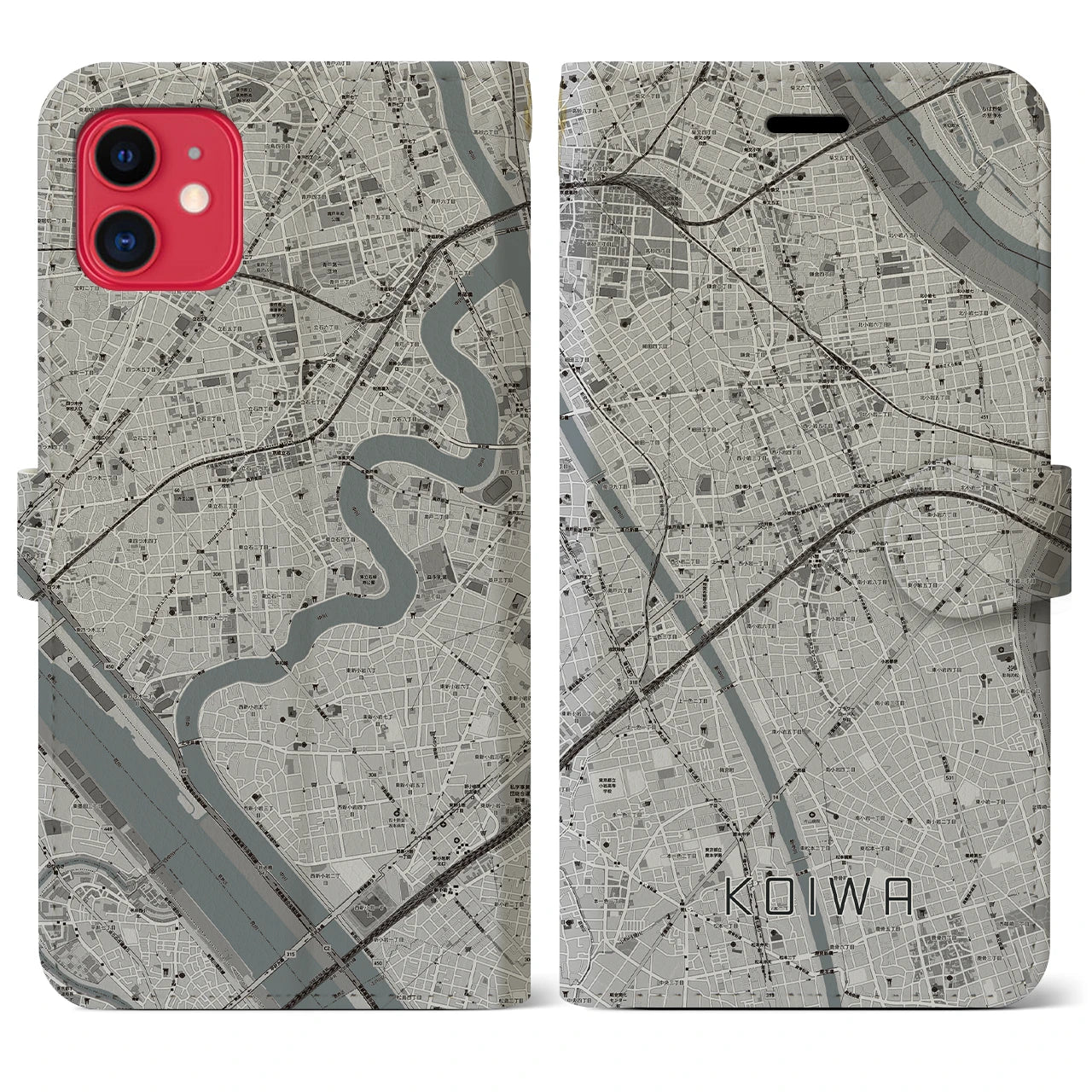 【小岩(東京都)】地図柄iPhoneケース(手帳タイプ)モノトーン・iPhone 11 用