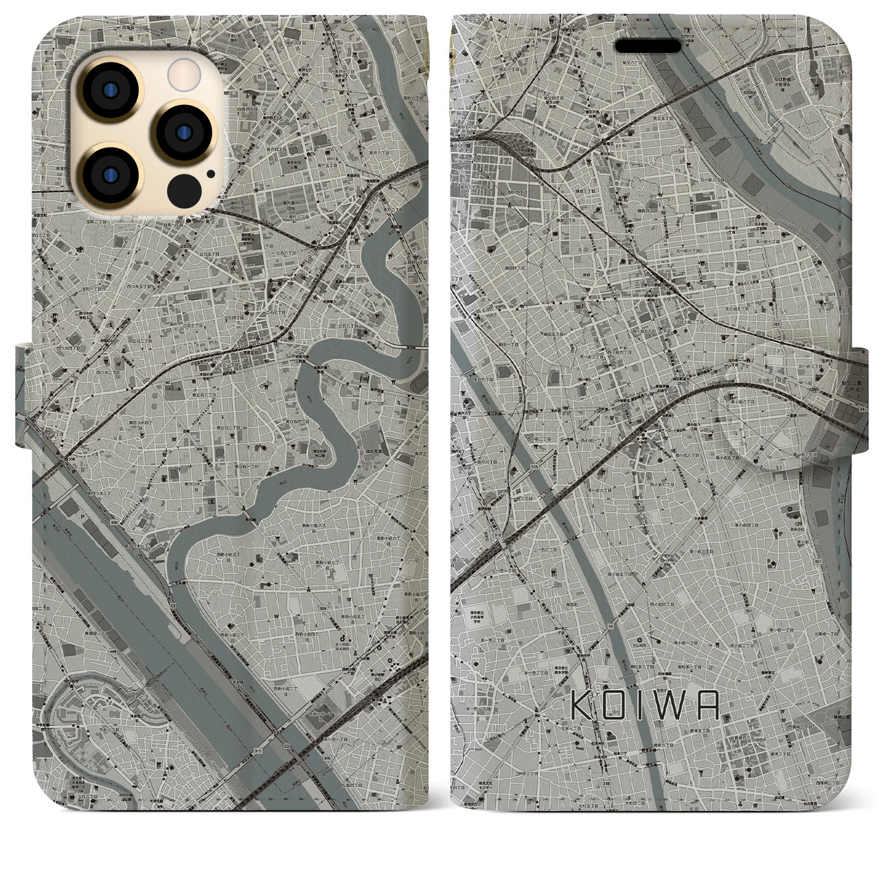 【小岩(東京都)】地図柄iPhoneケース(手帳タイプ)モノトーン・iPhone 12 Pro Max 用