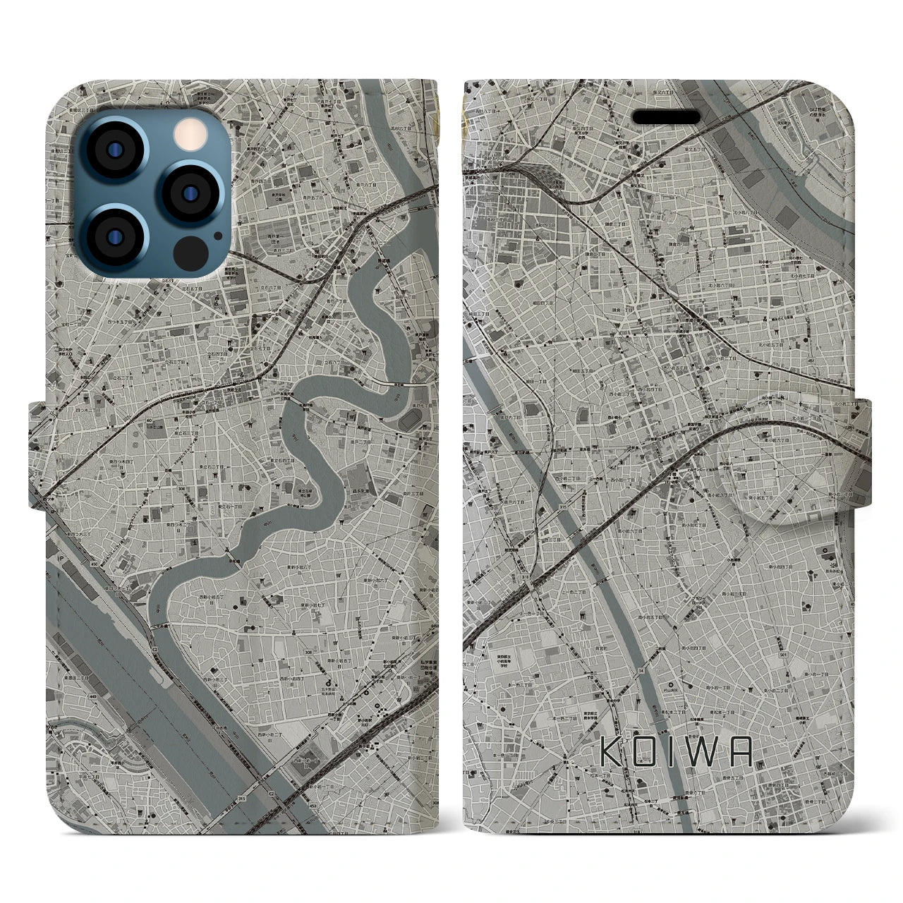 【小岩(東京都)】地図柄iPhoneケース(手帳タイプ)モノトーン・iPhone 12 / 12 Pro 用