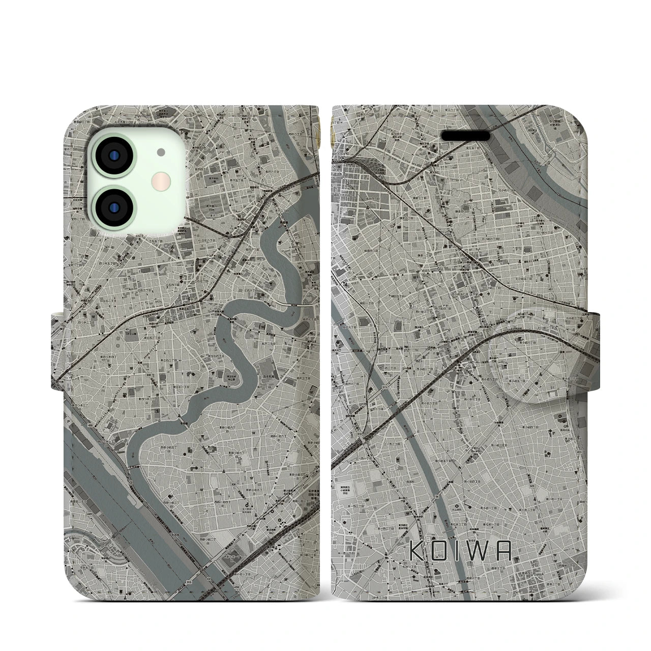 【小岩(東京都)】地図柄iPhoneケース(手帳タイプ)モノトーン・iPhone 12 mini 用