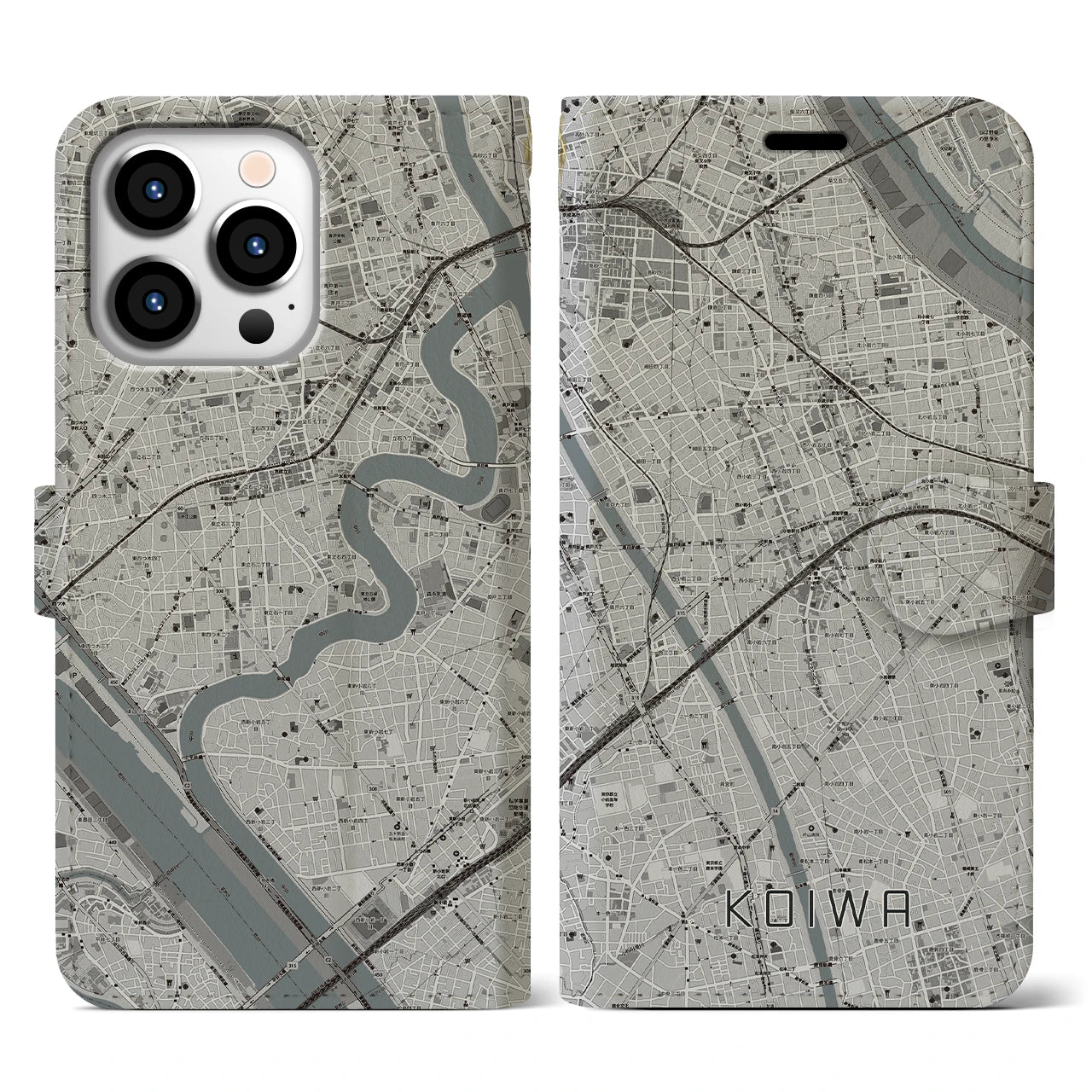【小岩(東京都)】地図柄iPhoneケース(手帳タイプ)モノトーン・iPhone 13 Pro 用