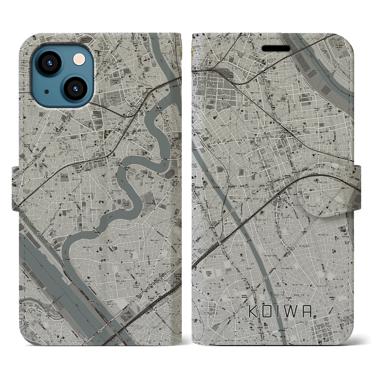 【小岩(東京都)】地図柄iPhoneケース(手帳タイプ)モノトーン・iPhone 13 用