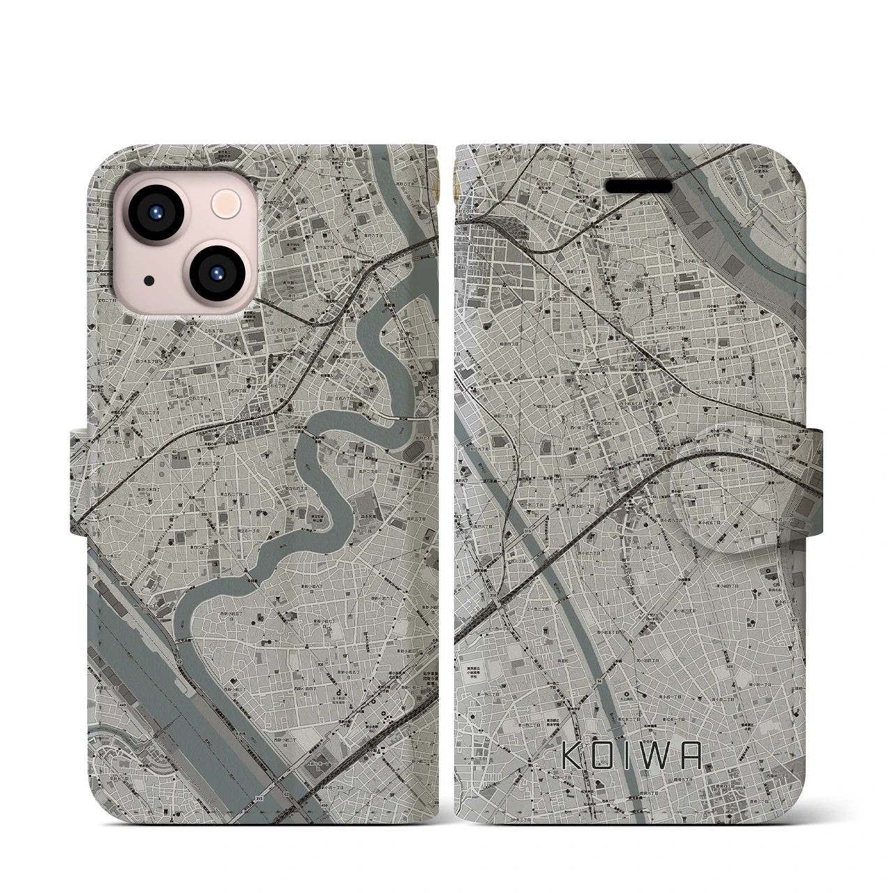 【小岩(東京都)】地図柄iPhoneケース(手帳タイプ)モノトーン・iPhone 13 mini 用