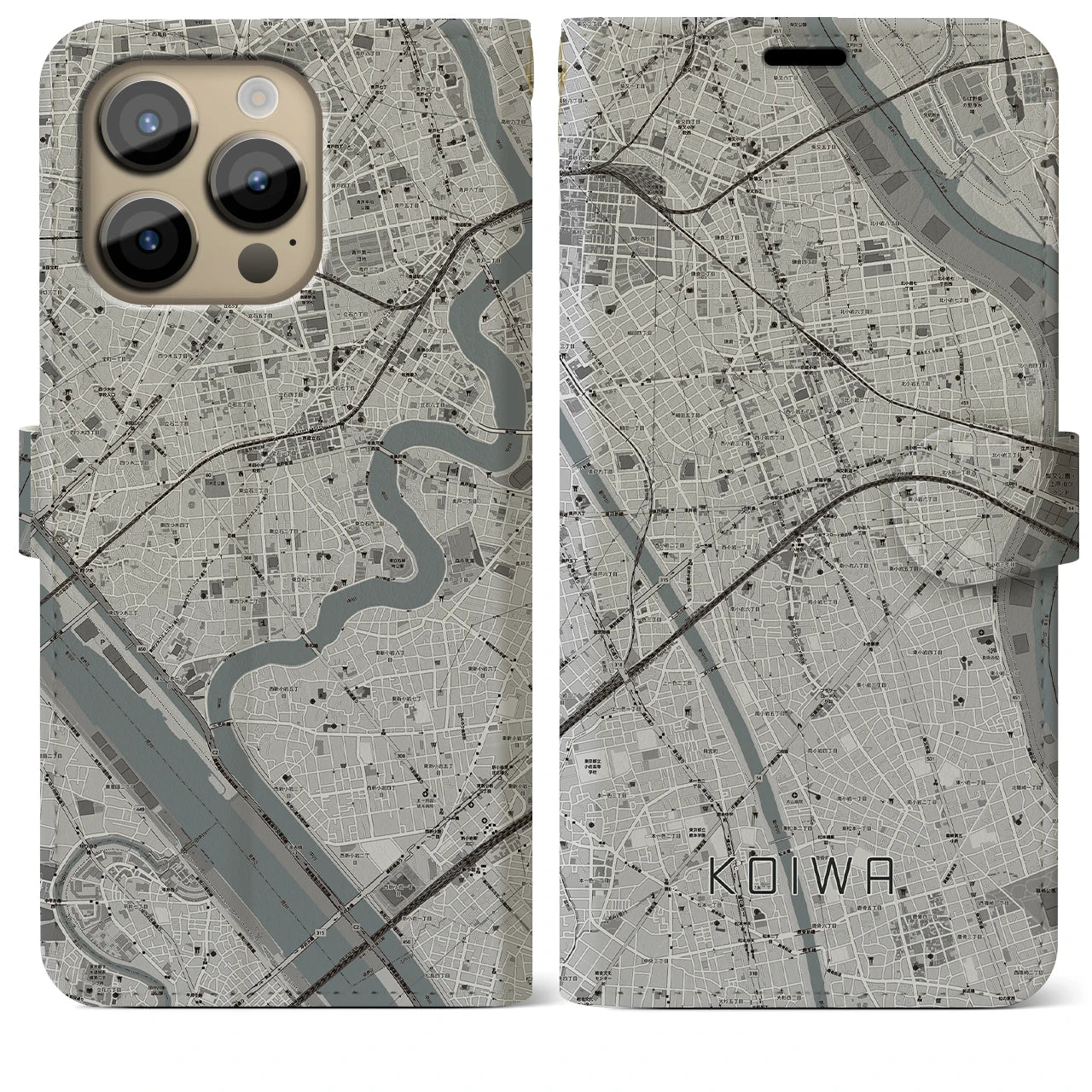 【小岩(東京都)】地図柄iPhoneケース(手帳タイプ)モノトーン・iPhone 14 Pro Max 用
