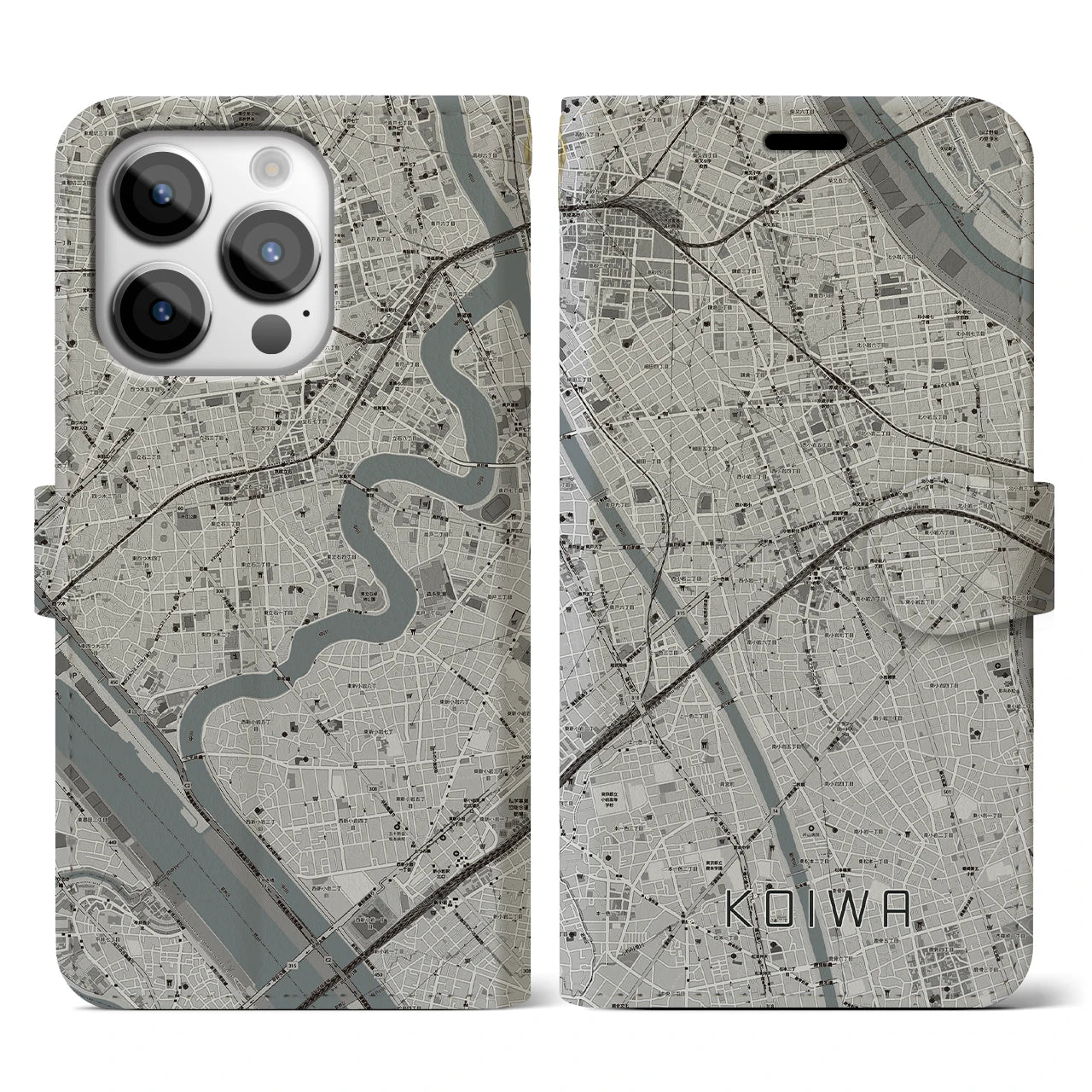 【小岩(東京都)】地図柄iPhoneケース(手帳タイプ)モノトーン・iPhone 14 Pro 用