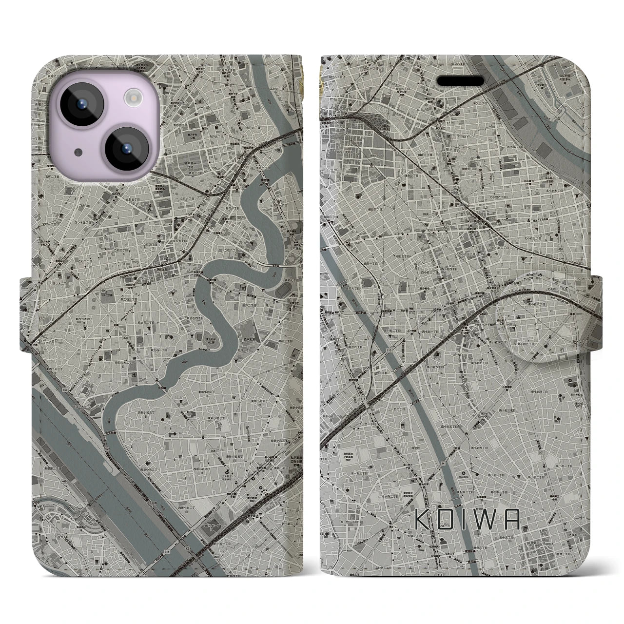 【小岩(東京都)】地図柄iPhoneケース(手帳タイプ)モノトーン・iPhone 14 用