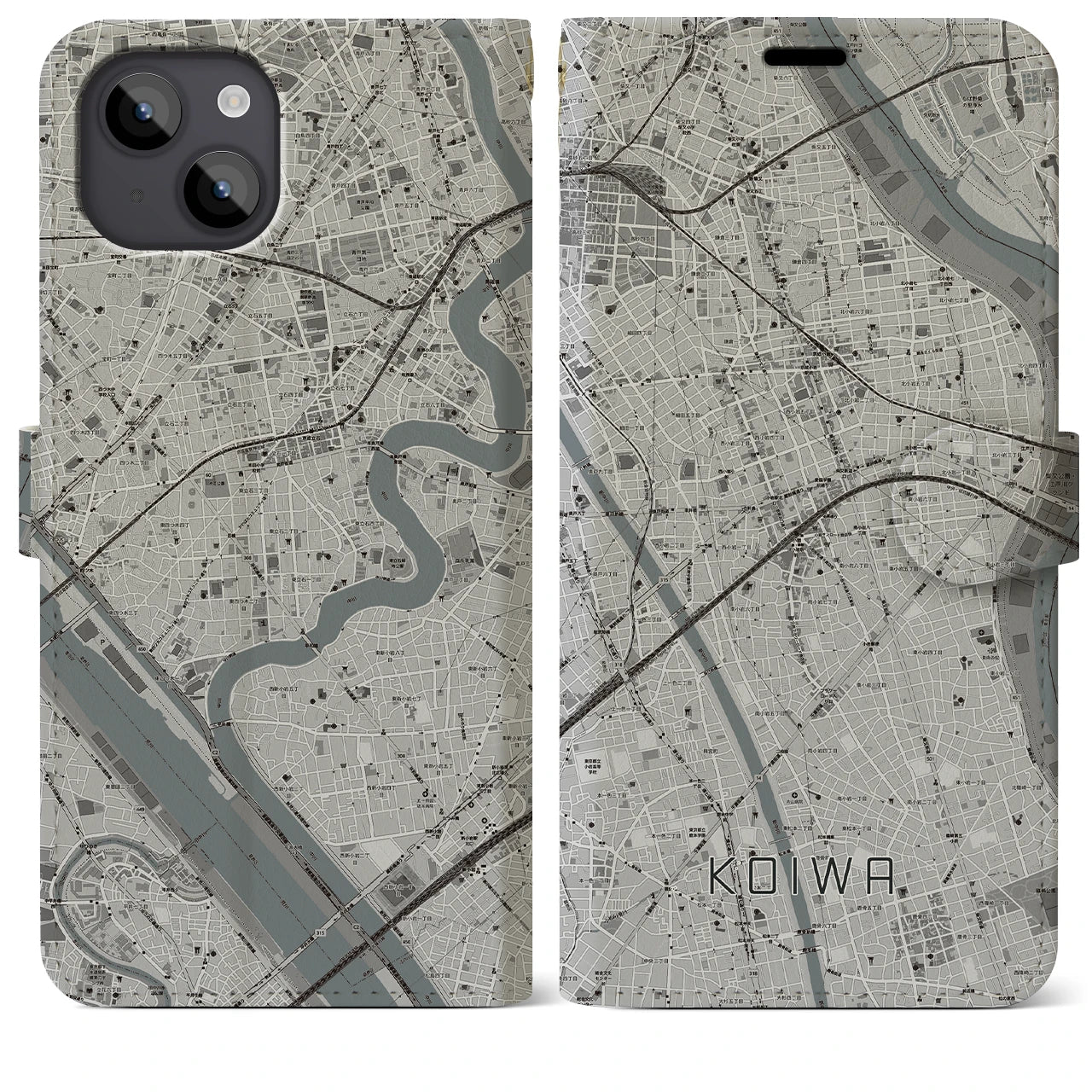 【小岩(東京都)】地図柄iPhoneケース(手帳タイプ)モノトーン・iPhone 14 Plus 用
