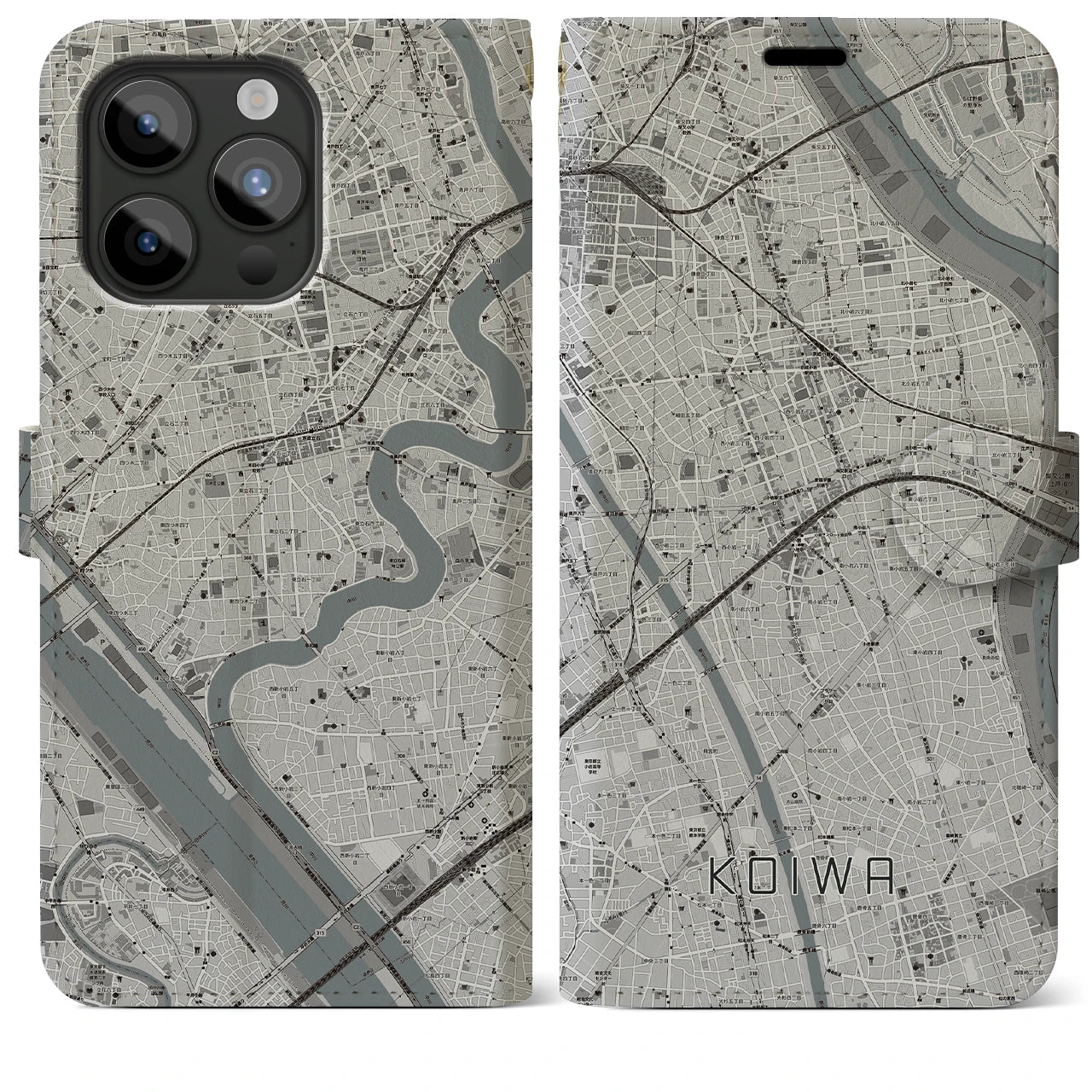 【小岩(東京都)】地図柄iPhoneケース(手帳タイプ)モノトーン・iPhone 15 Pro Max 用