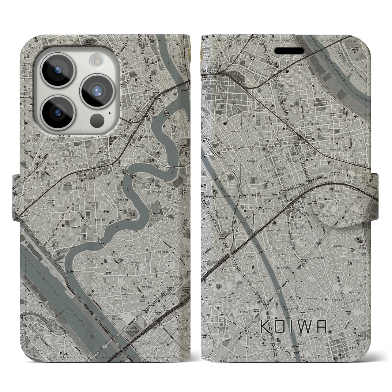 【小岩(東京都)】地図柄iPhoneケース(手帳タイプ)モノトーン・iPhone 15 Pro 用