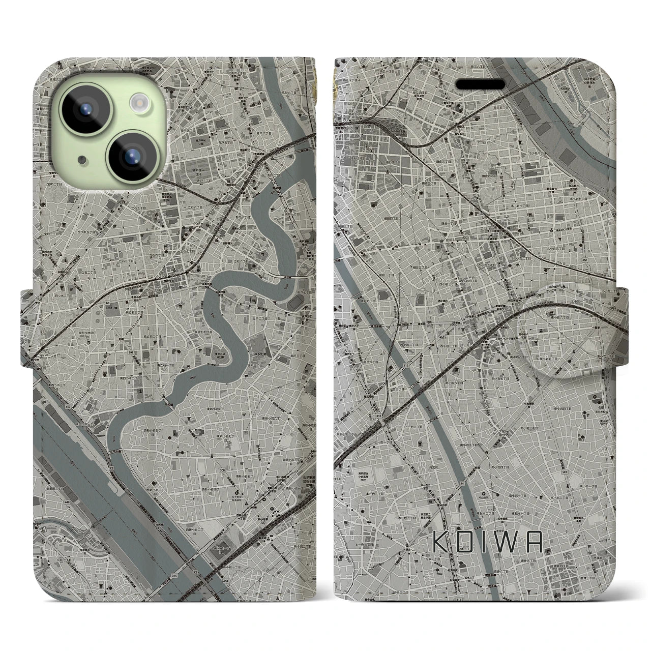 【小岩(東京都)】地図柄iPhoneケース(手帳タイプ)モノトーン・iPhone 15 用