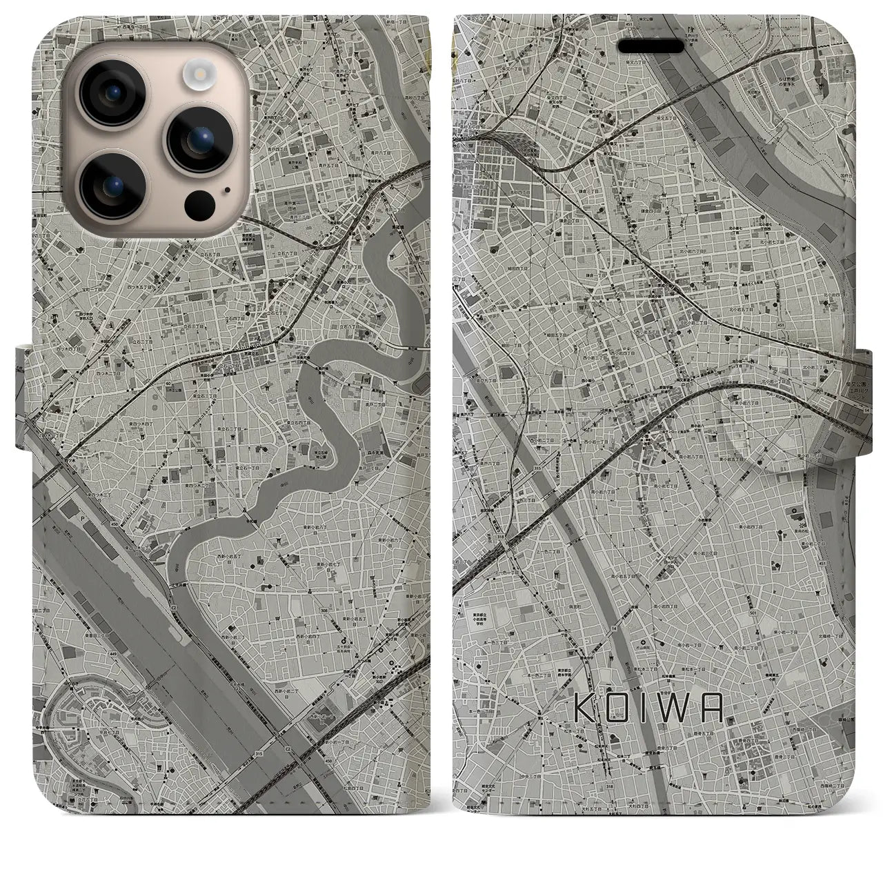 【小岩(東京都)】地図柄iPhoneケース(手帳タイプ)モノトーン・iPhone 16 Plus 用