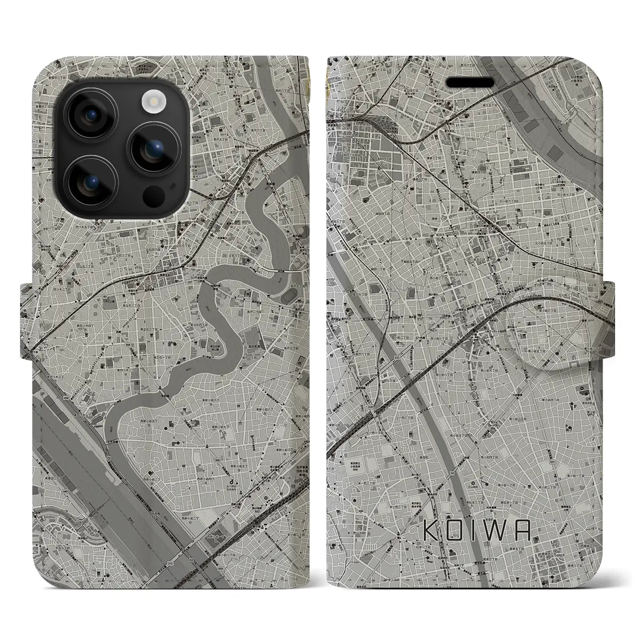 【小岩(東京都)】地図柄iPhoneケース(手帳タイプ)モノトーン・iPhone 16 用