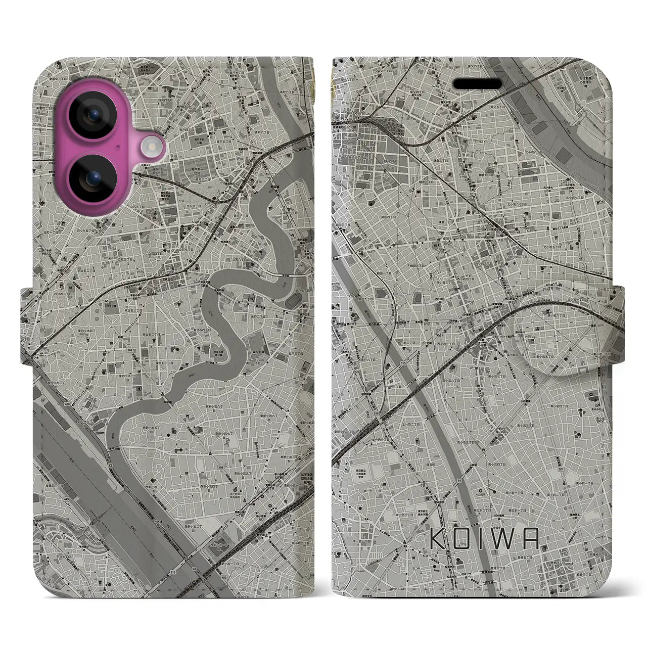 【小岩(東京都)】地図柄iPhoneケース(手帳タイプ)モノトーン・iPhone 16 Pro 用