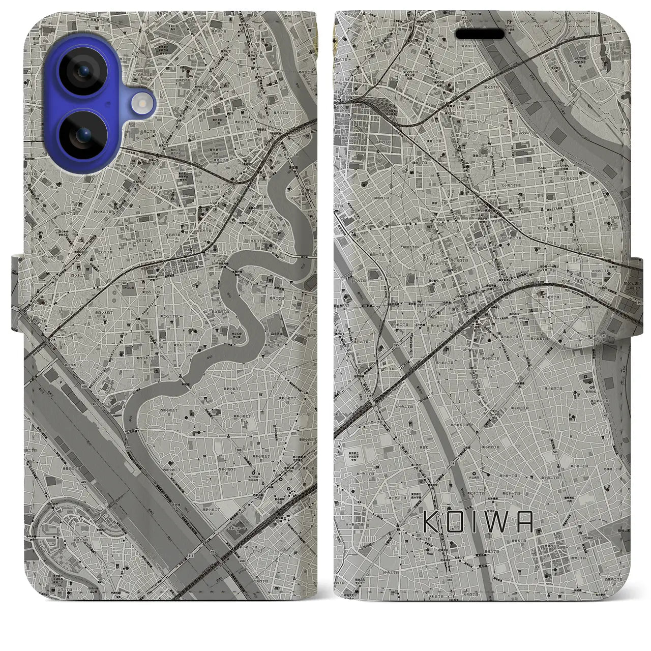 【小岩(東京都)】地図柄iPhoneケース(手帳タイプ)モノトーン・iPhone 16 Pro Max 用