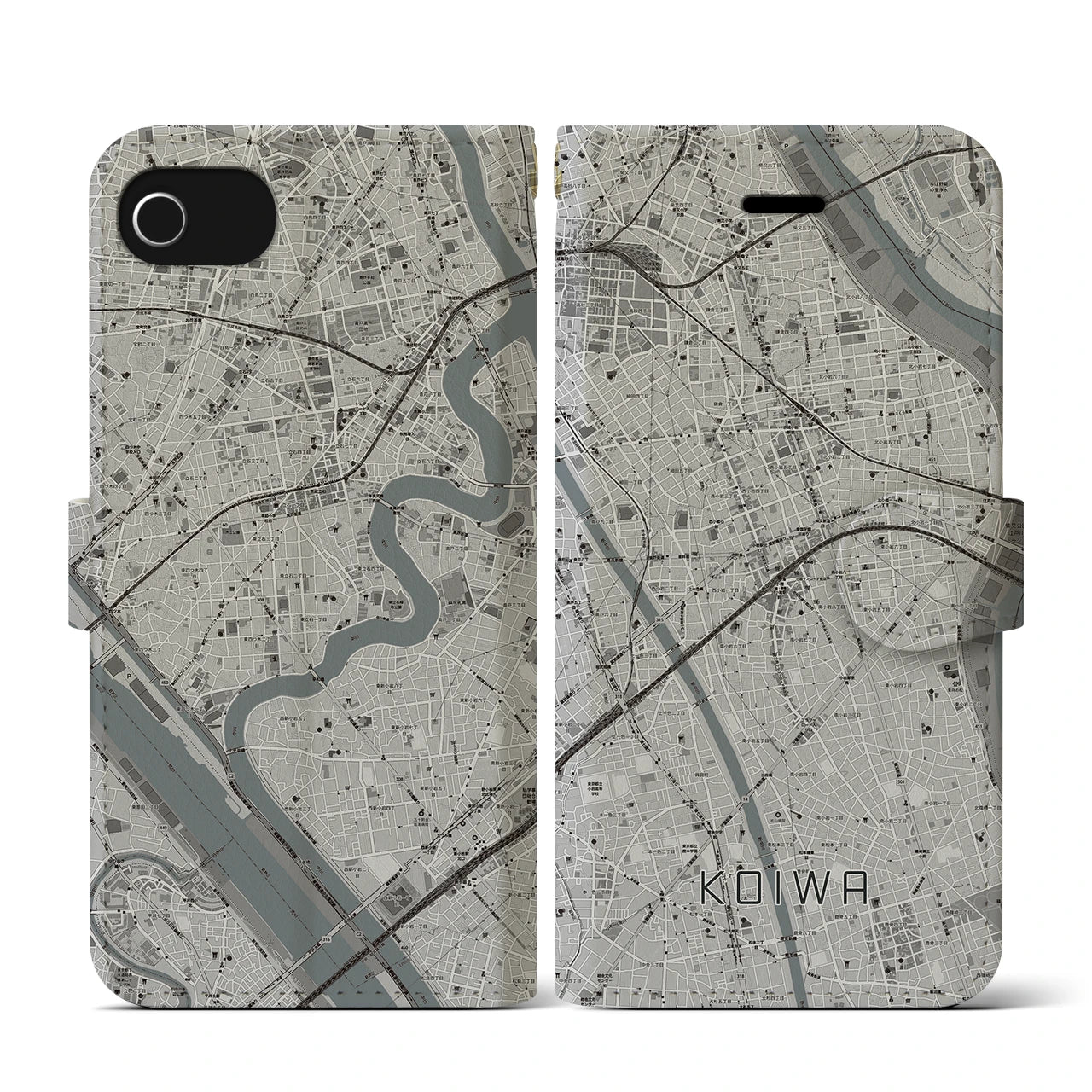 【小岩(東京都)】地図柄iPhoneケース(手帳タイプ)モノトーン・iPhone SE(第3 / 第2世代) / 8 / 7 / 6s / 6 用