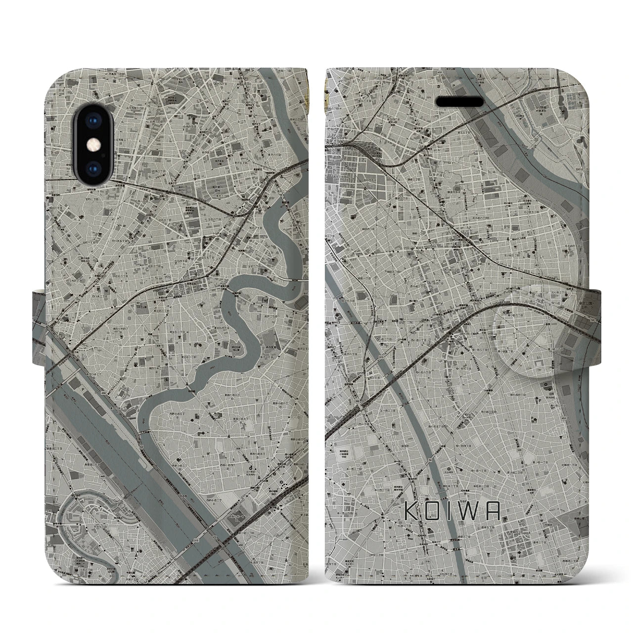 【小岩(東京都)】地図柄iPhoneケース(手帳タイプ)モノトーン・iPhone XS / X 用