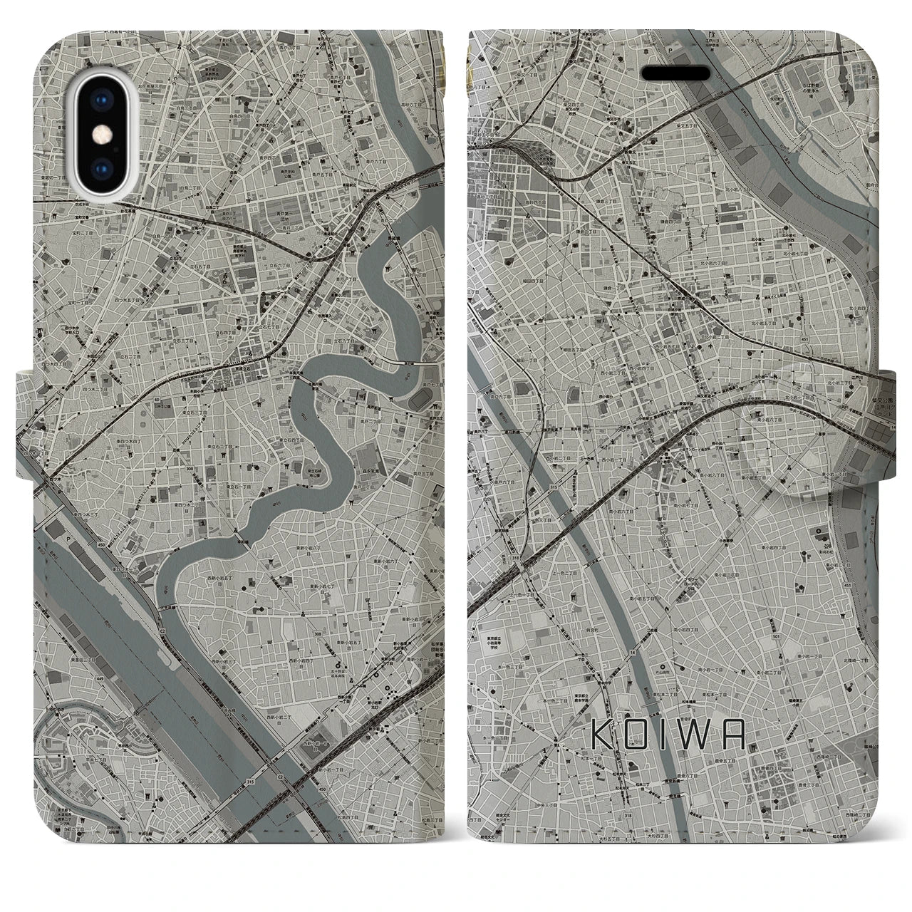 【小岩(東京都)】地図柄iPhoneケース(手帳タイプ)モノトーン・iPhone XS Max 用