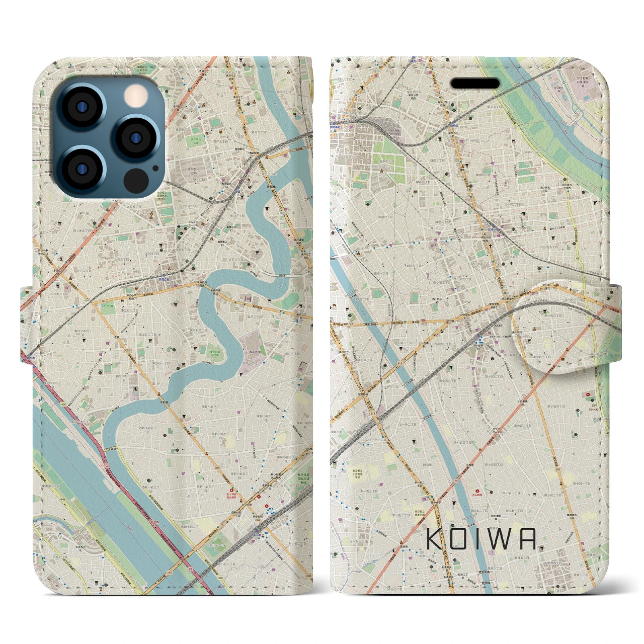 【小岩(東京都)】地図柄iPhoneケース(手帳タイプ)ナチュラル・iPhone 12 / 12 Pro 用