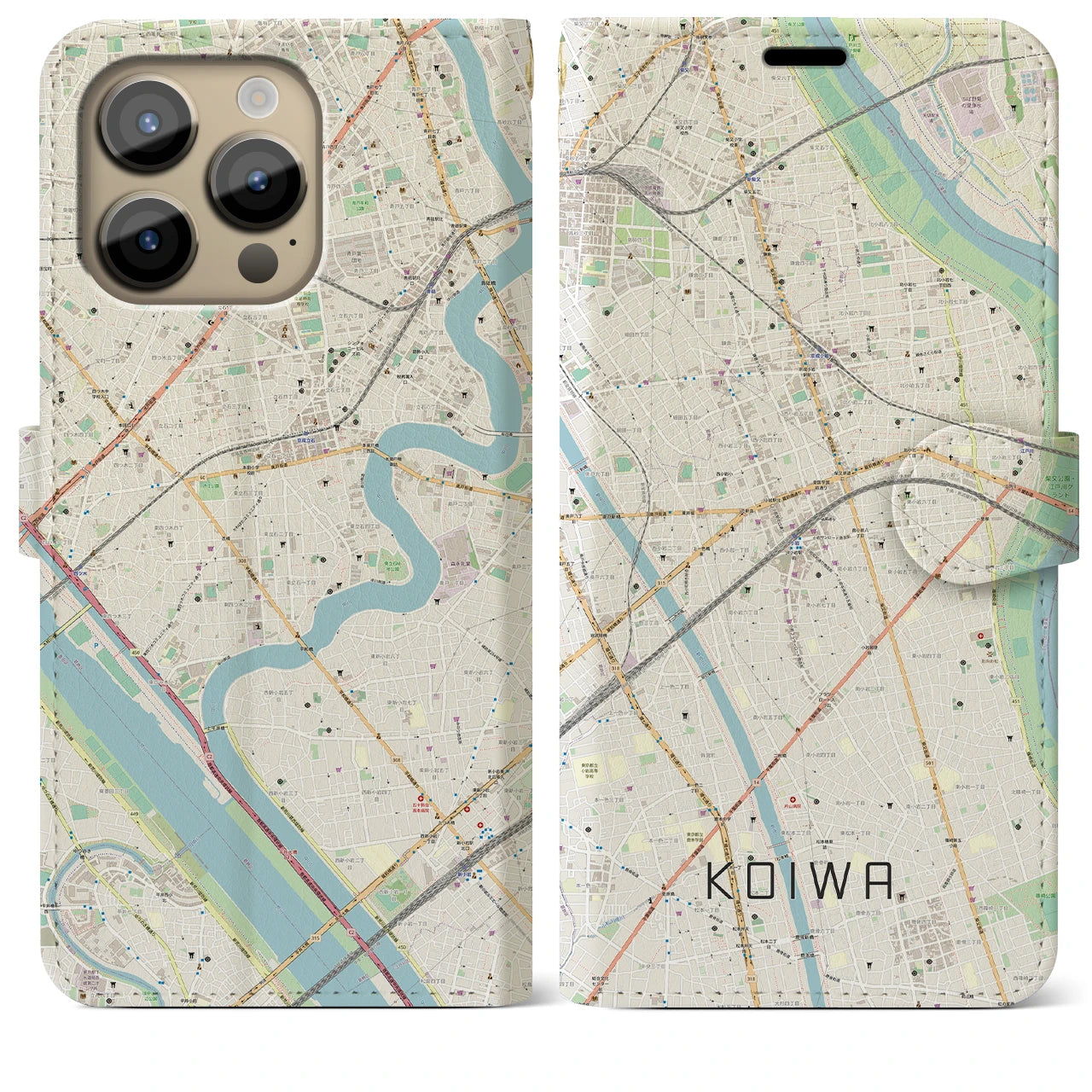 【小岩(東京都)】地図柄iPhoneケース(手帳タイプ)ナチュラル・iPhone 14 Pro Max 用