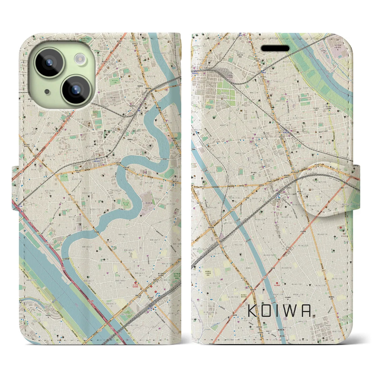 【小岩(東京都)】地図柄iPhoneケース(手帳タイプ)ナチュラル・iPhone 15 用