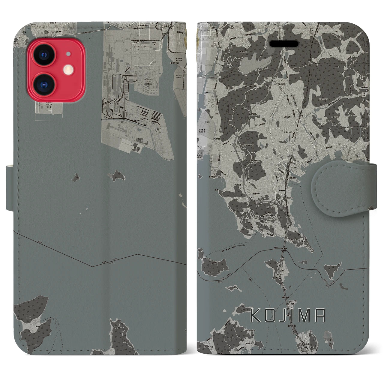 【児島(岡山県)】地図柄iPhoneケース(手帳タイプ)モノトーン・iPhone 11 用
