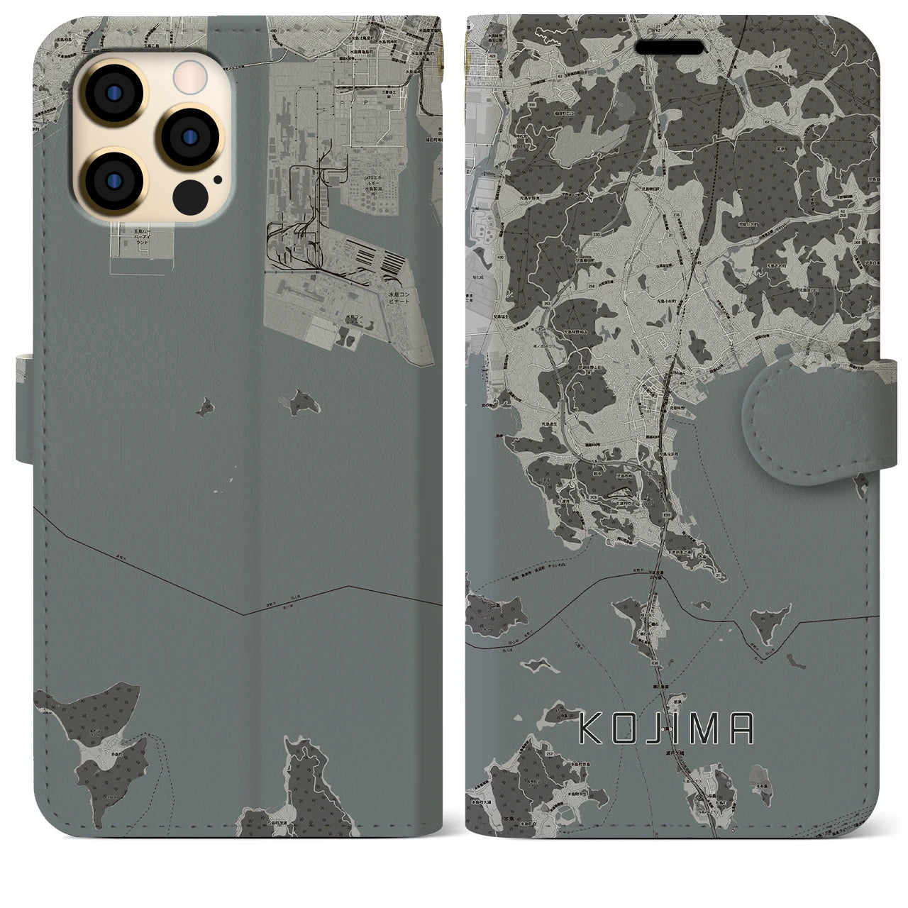 【児島(岡山県)】地図柄iPhoneケース(手帳タイプ)モノトーン・iPhone 12 Pro Max 用