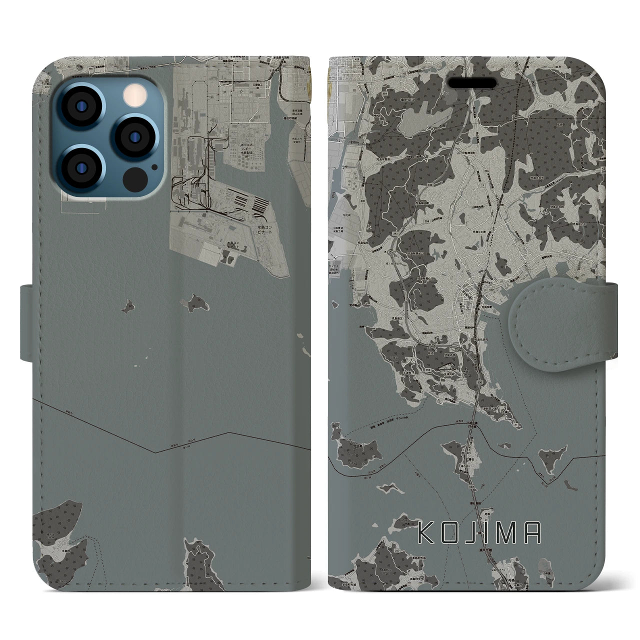 【児島(岡山県)】地図柄iPhoneケース(手帳タイプ)モノトーン・iPhone 12 / 12 Pro 用