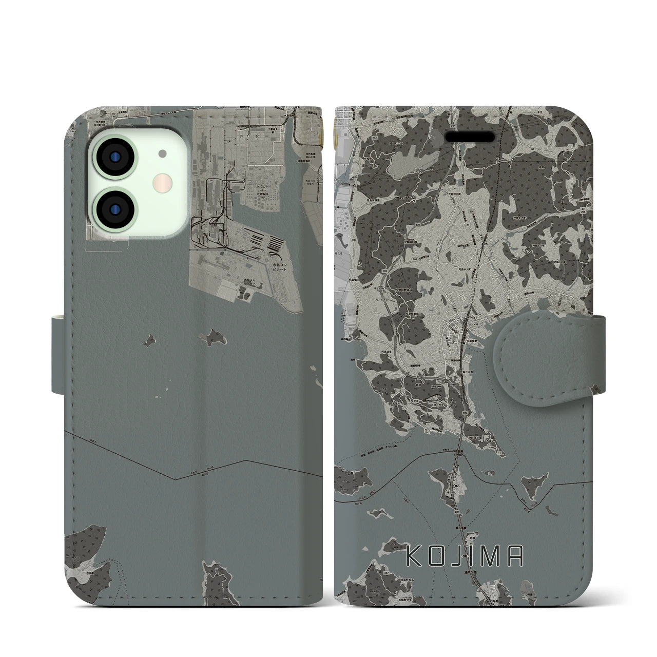 【児島(岡山県)】地図柄iPhoneケース(手帳タイプ)モノトーン・iPhone 12 mini 用