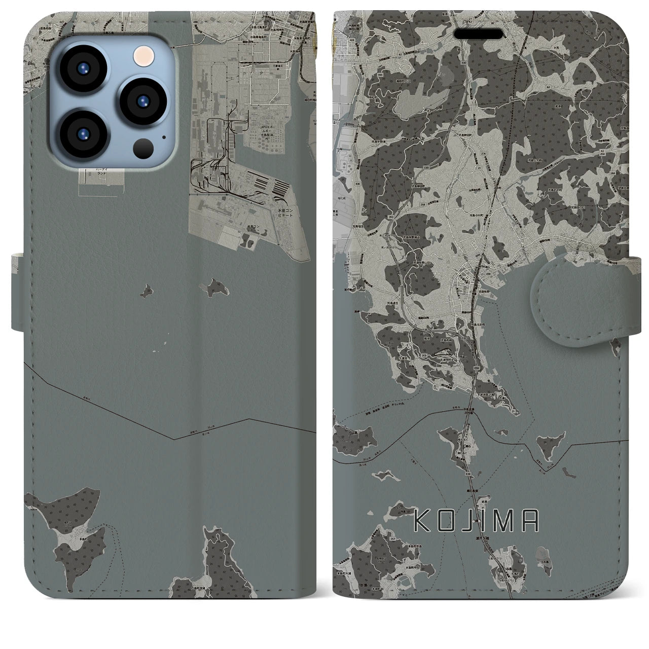 【児島(岡山県)】地図柄iPhoneケース(手帳タイプ)モノトーン・iPhone 13 Pro Max 用