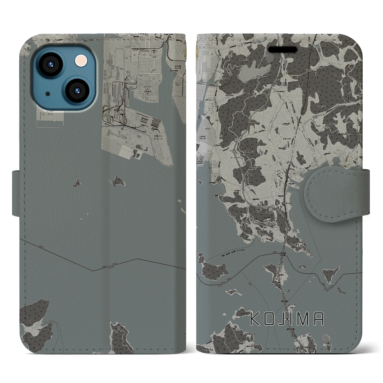 【児島(岡山県)】地図柄iPhoneケース(手帳タイプ)モノトーン・iPhone 13 用