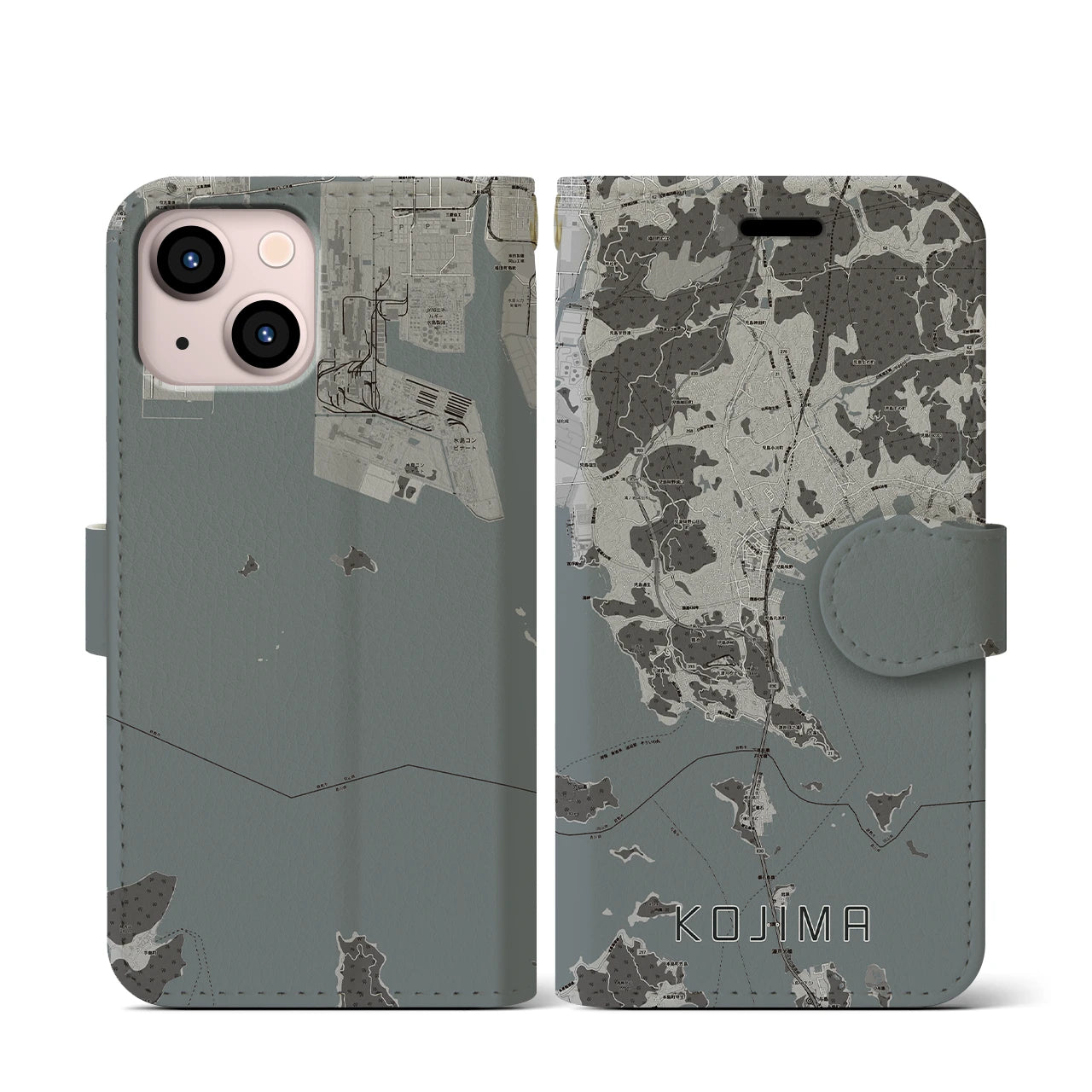 【児島(岡山県)】地図柄iPhoneケース(手帳タイプ)モノトーン・iPhone 13 mini 用